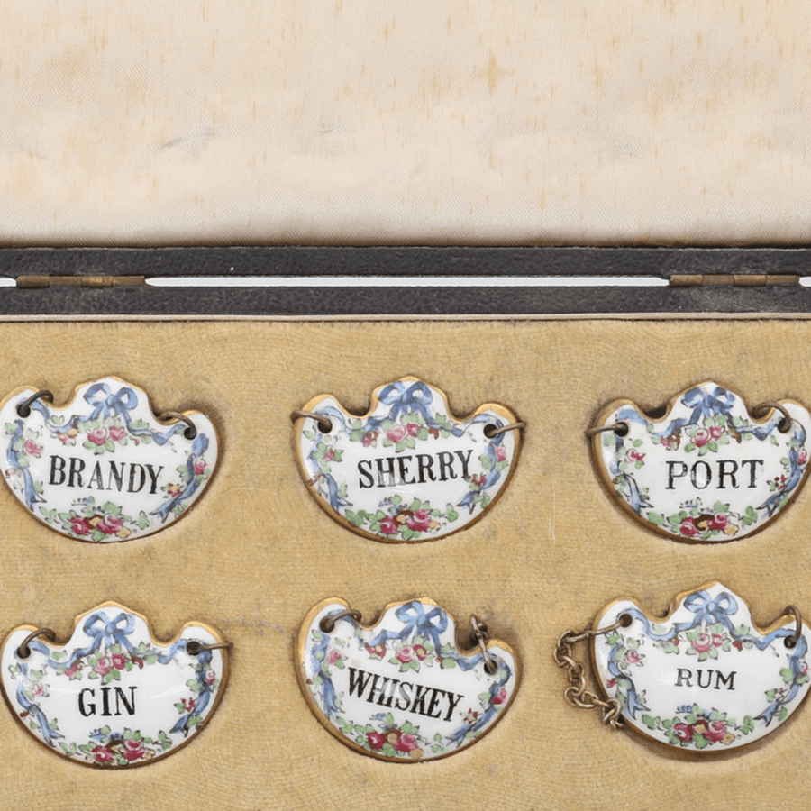 Antiques & Vintage Cased Porcelain & Silver Decanter Labels - Set of 6