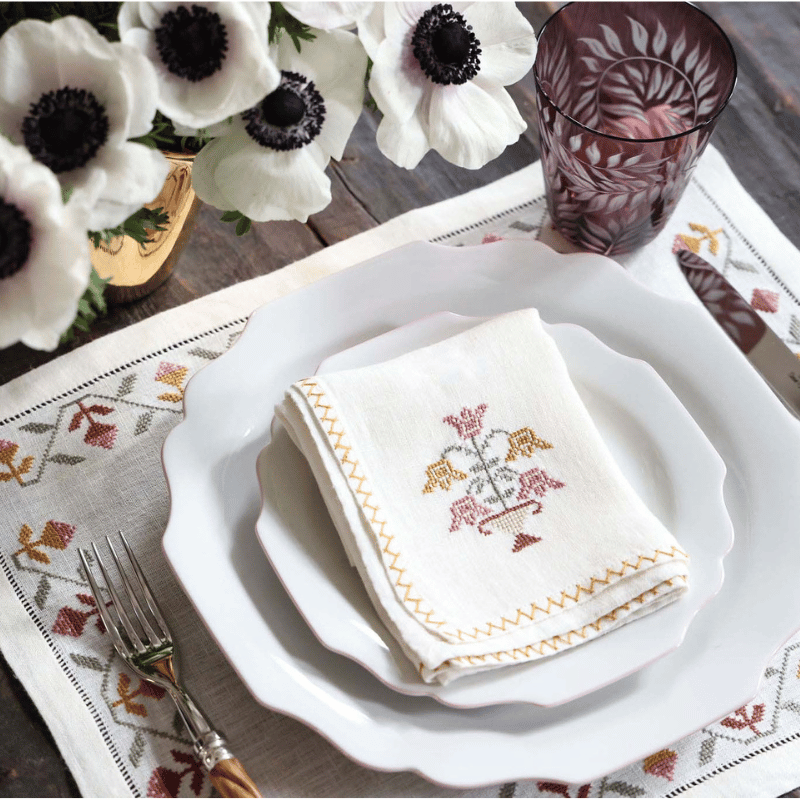 Malaika Rosebud Hand-embroidered Linen Placemat