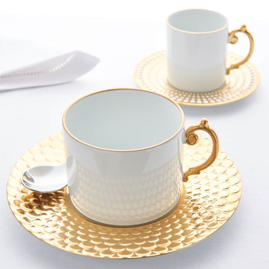L'Objet Aegean Gold Set of 2 Tea Cups & Saucers