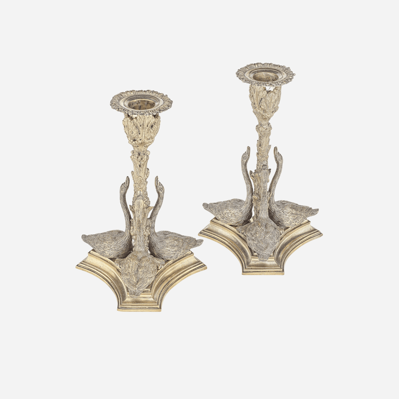 A Pair of Early Victorian Silvered Bronze Swan Candlesticks