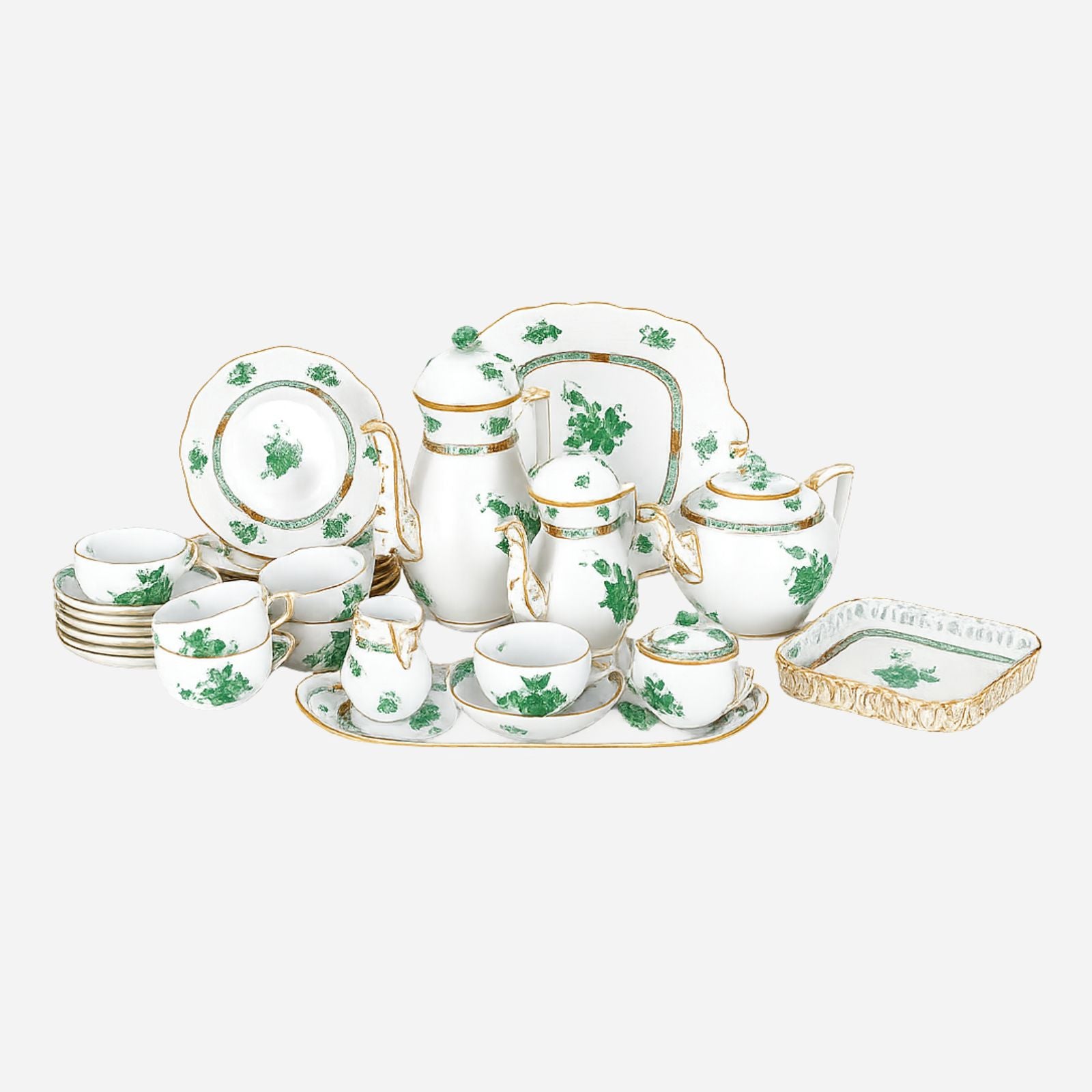 An Antique Herend Apponyi Green Coffee and Tea Service