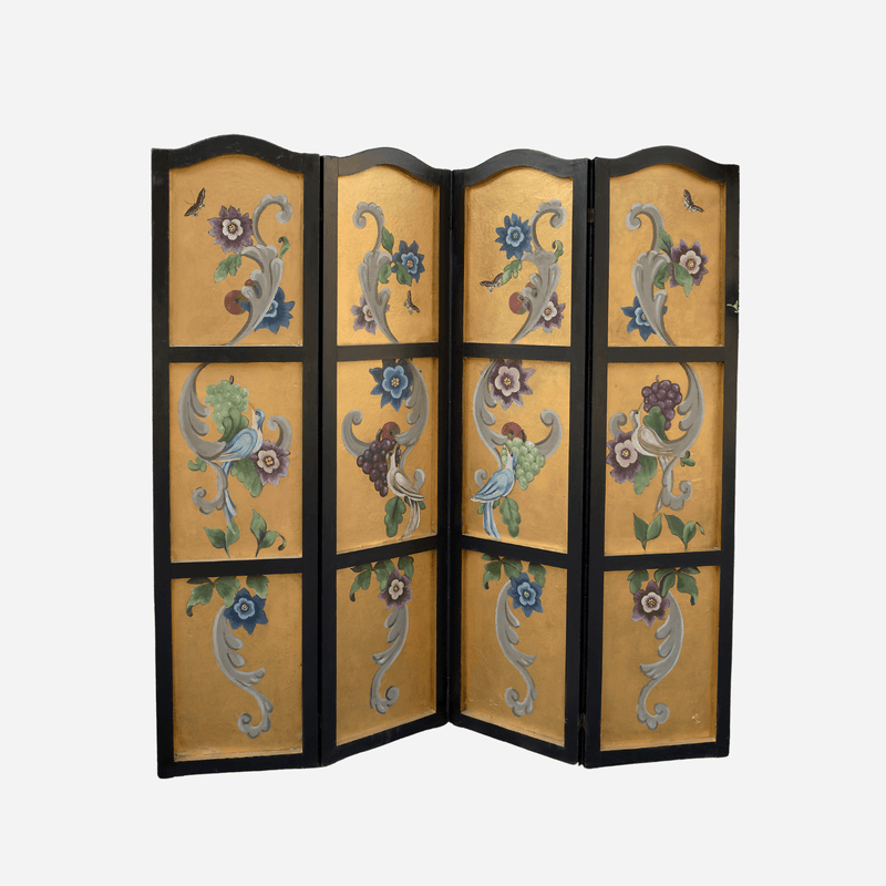 A 20th Century Wood & Leather Screen with Hand-Painted Back
