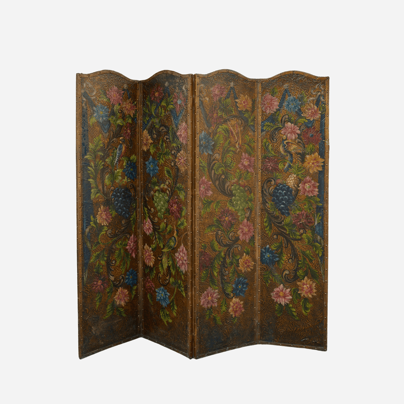 A 20th Century Wood & Leather Screen with Hand-Painted Back