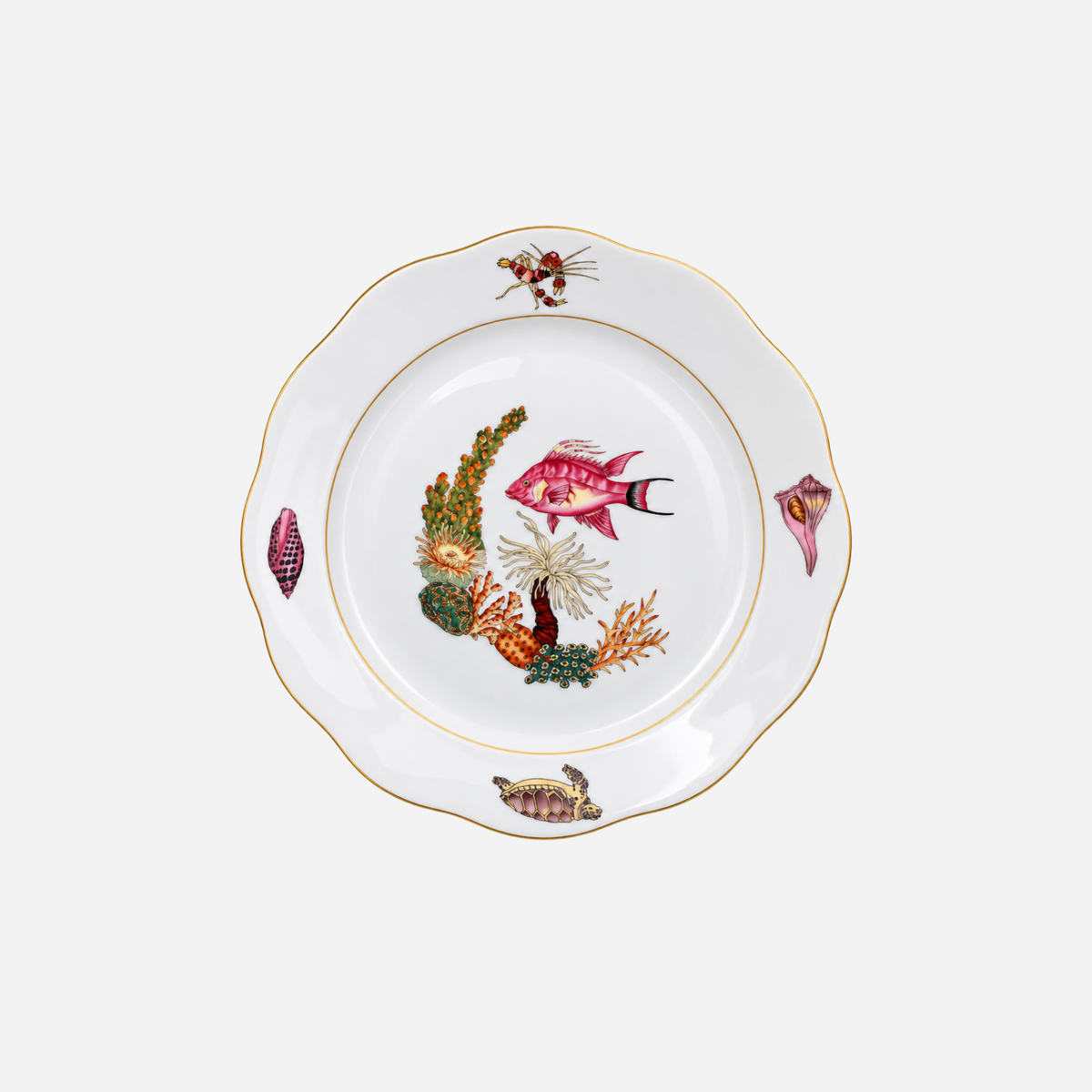 Herend Bermuda Fishes porcelain dinner plate with pink fish, coral and hand-painted marine motifs