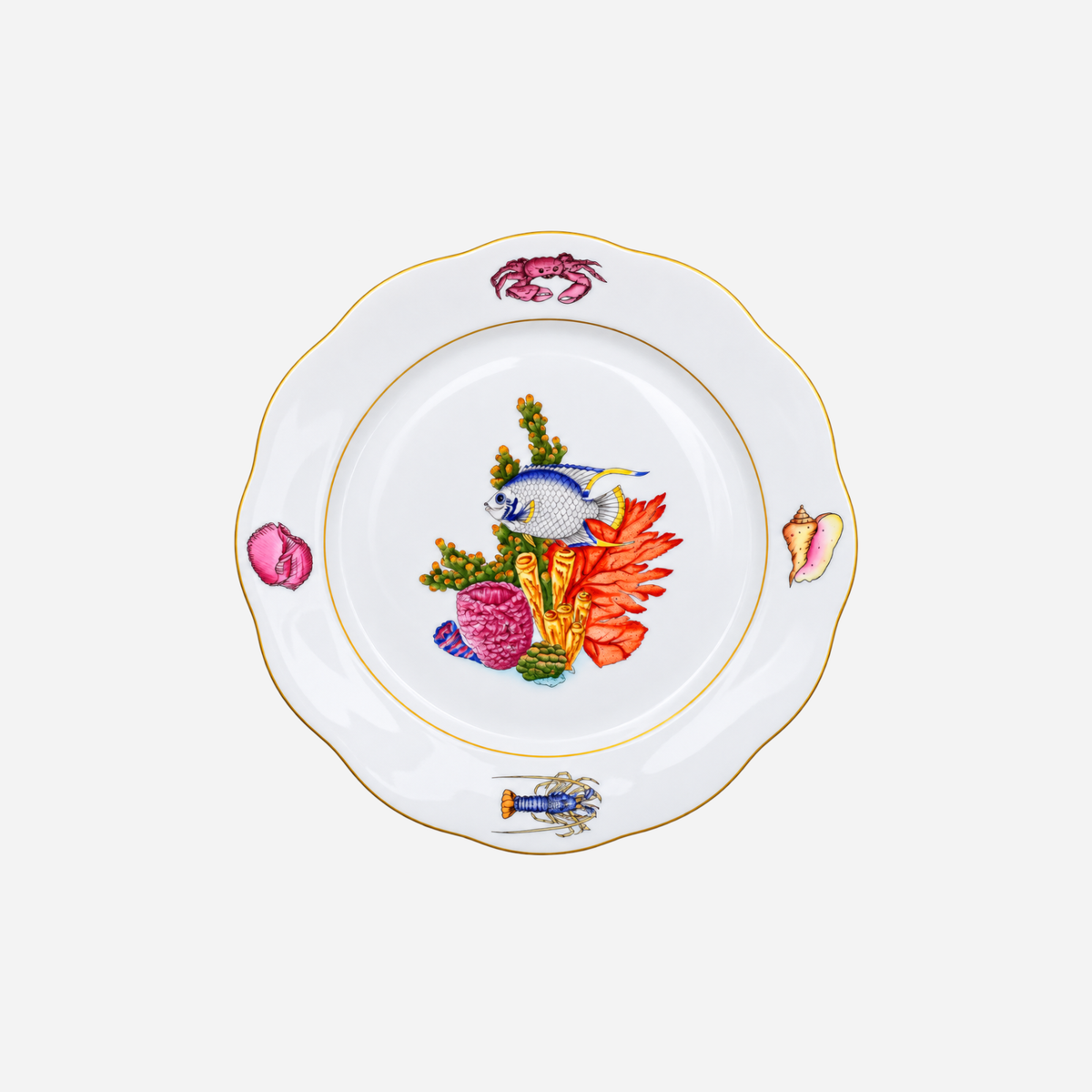 Herend Bermuda Fishes porcelain dinner plate with blue tropical fish, colourful coral and shell motifs
