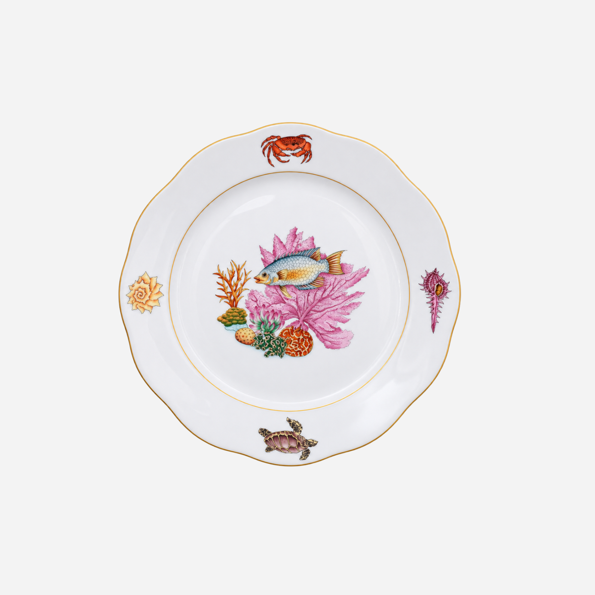 Herend Bermuda Fishes dinner plate with blue fish, pink coral and 24-karat gold detailing