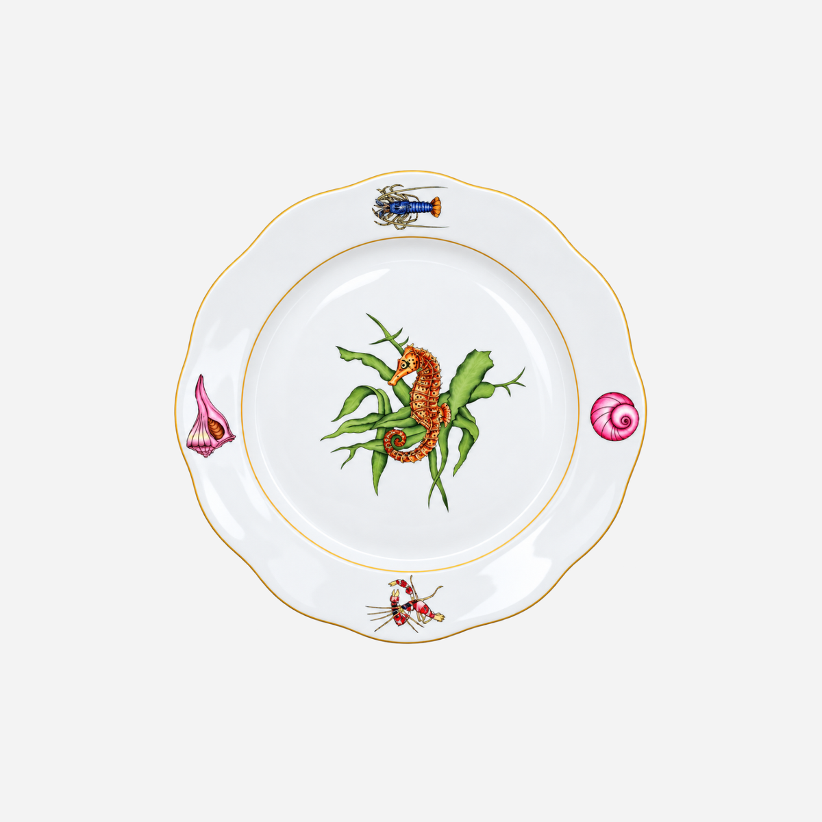 Herend Bermuda Fishes porcelain dinner plate with orange seahorse, green seaweed and hand-painted shell motifs