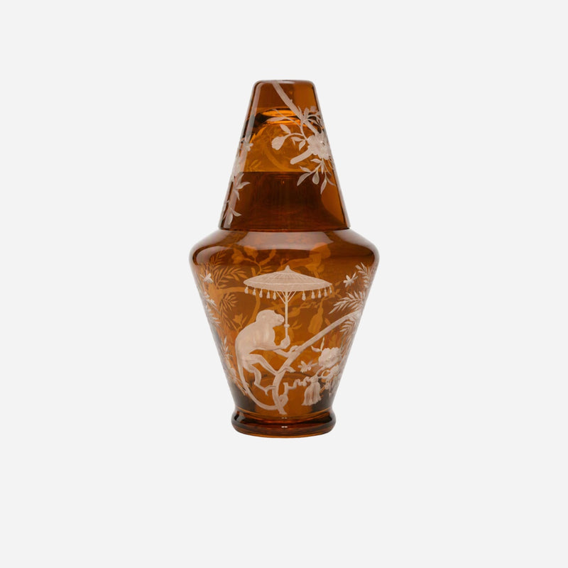 Chinoiserie Monkey Bedside Decanter & Tumbler Set Walnut