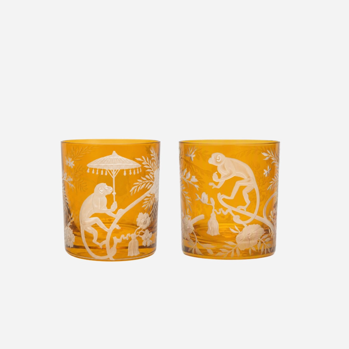 Chinoiserie Monkey Double Old Fashioned Tumbler Amber - Set of 2