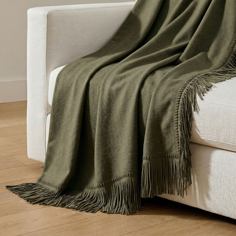 Flamenco Cashmere & Suede Throw Khaki Green