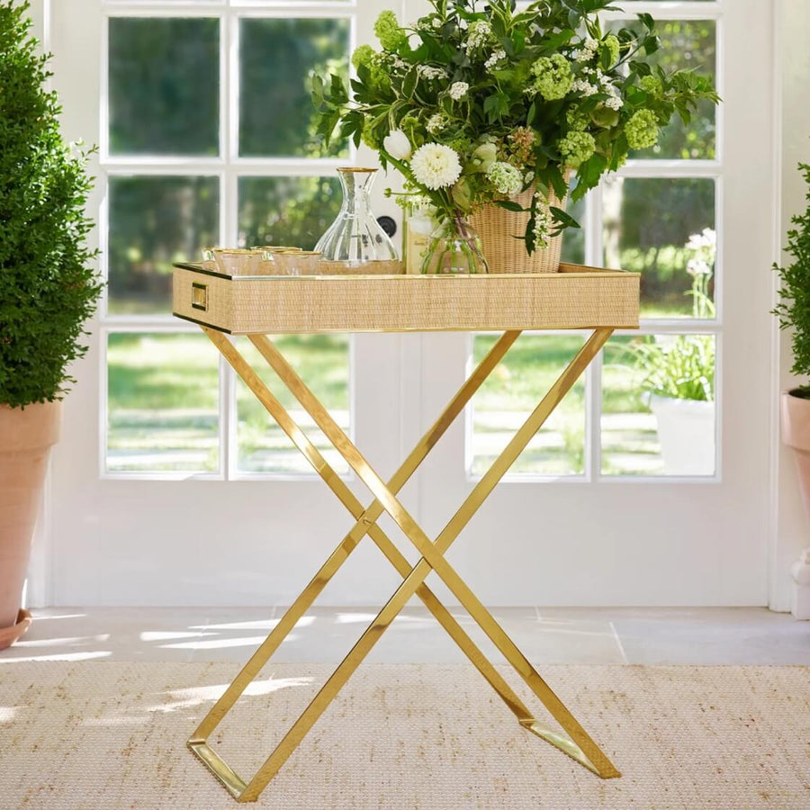 Aerin Colette Cane Butler Tray & Brass Stand Set