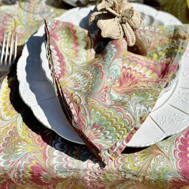 Fan Marble Pink & Green Linen Napkin