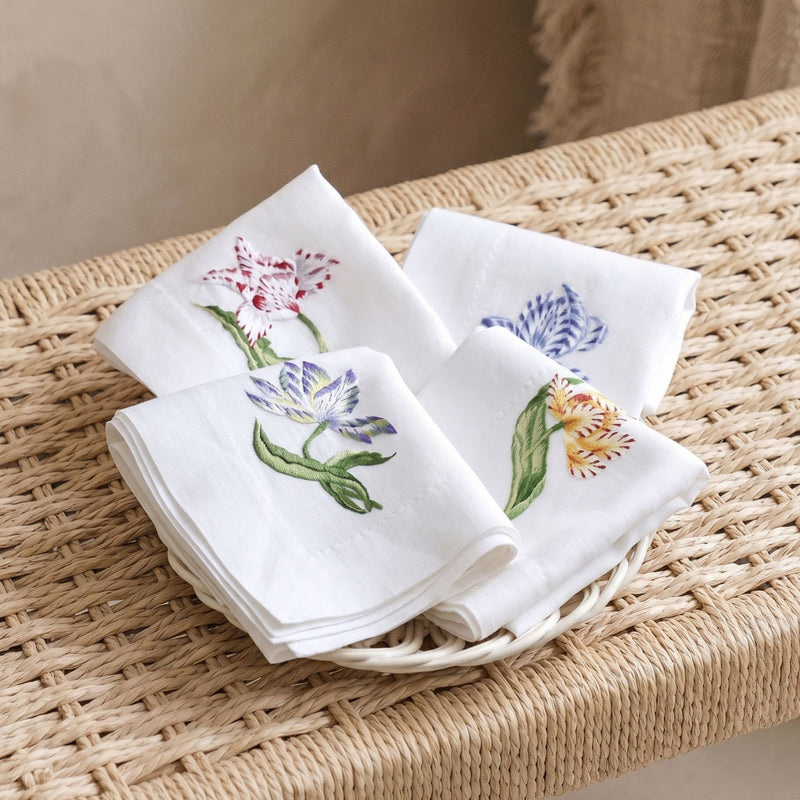 Old Master Tulips Embroidered Dinner Napkin - Set of 4