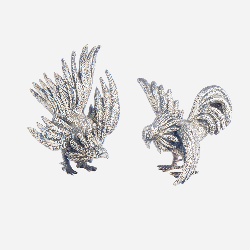 A Pair of Antique Sterling Silver Roosters
