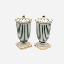 Load image into Gallery viewer, A Pair of Green Striped Porcelain Urns
