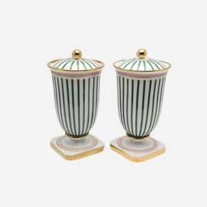 A Pair of Green Striped Porcelain Urns
