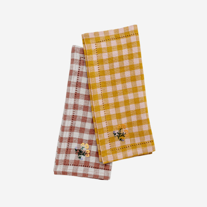 Gingham Embroidered Napkin Mustard