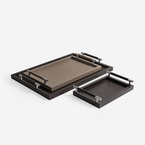Pinetti Tray | Dedalo Rectangular Leather Tray with Handles - Taupe
