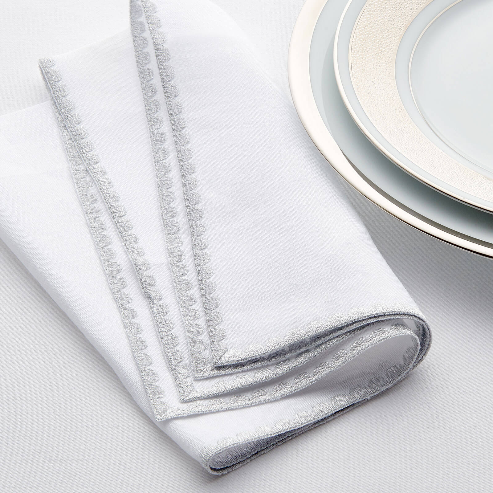 Weissfee Riva White & Silver Hand-embroidered Napkin