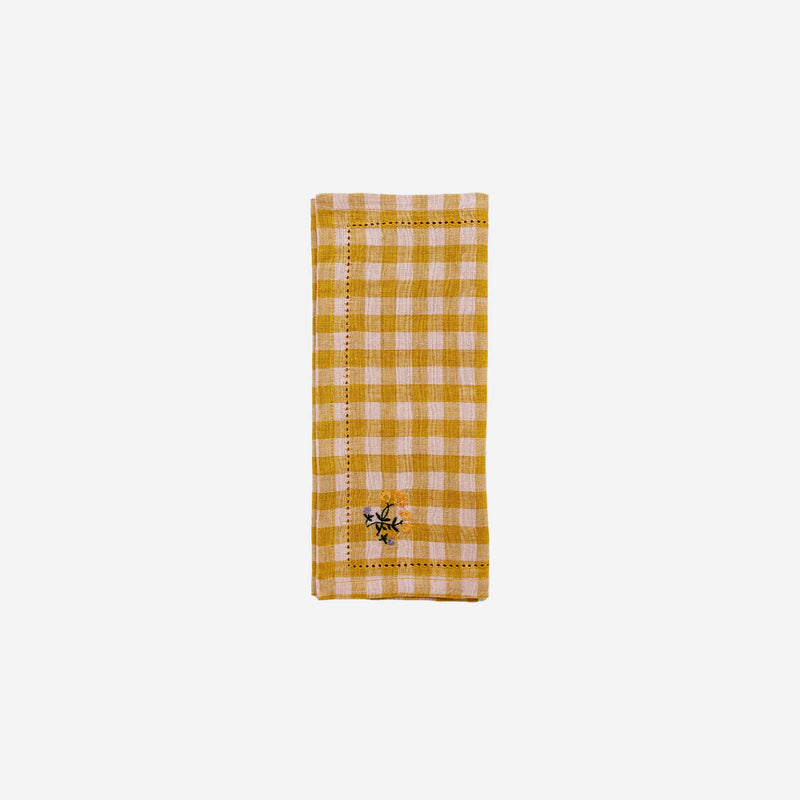 Gingham Embroidered Napkin Mustard