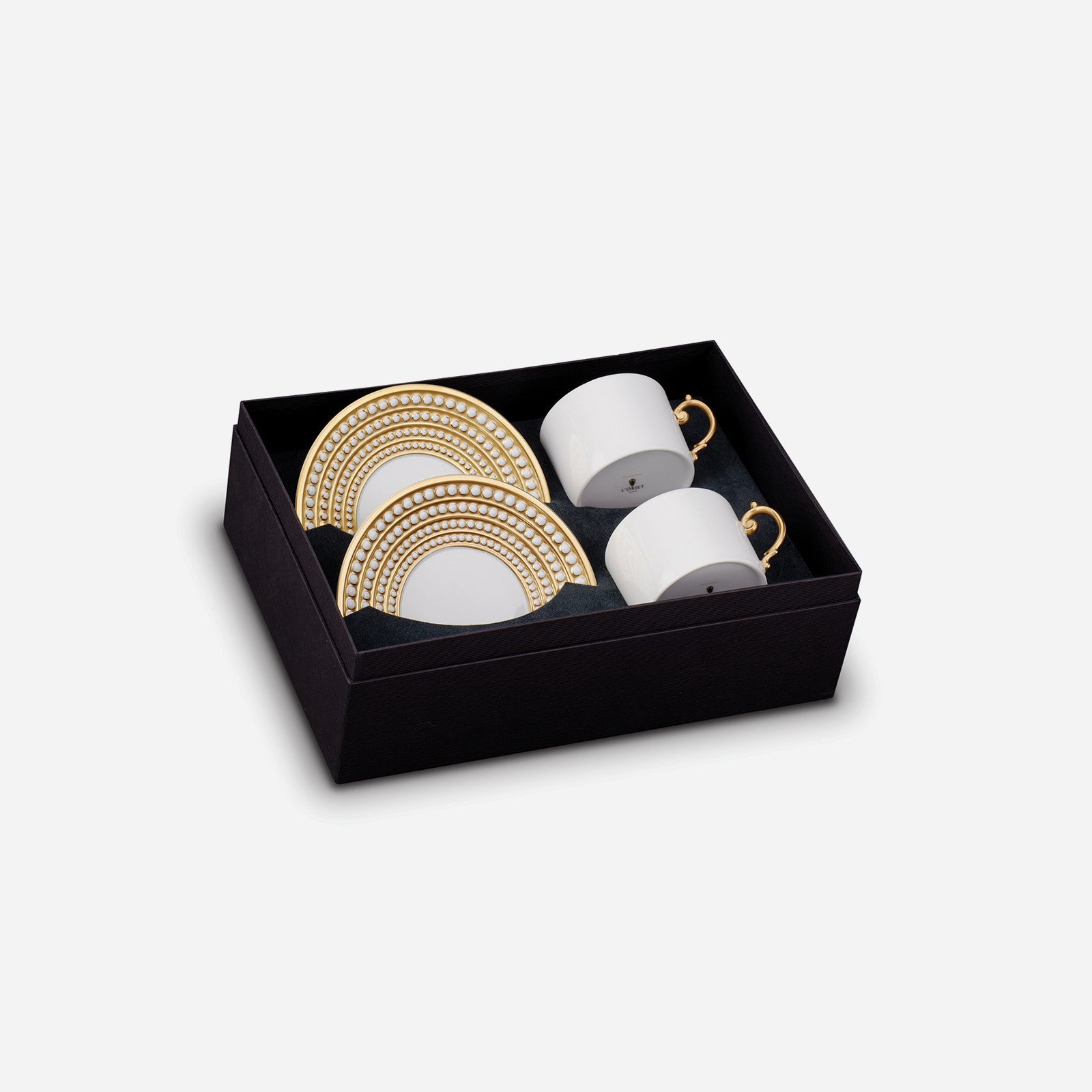 L'Objet Perlée Gold - Gift Set of Two Tea Cups & Saucers - BONADEA